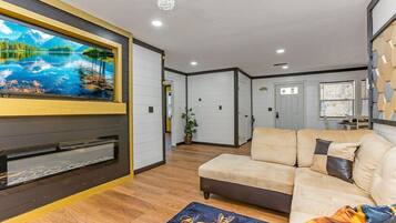 TV, fireplace, DVD player, books