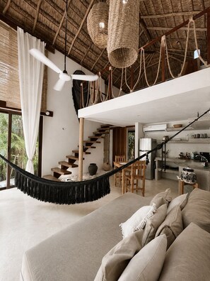 Living area - Ikal Bungalows: HA is a poolside bungalow with AC in a jungle setting of Tulum. (Tulum)