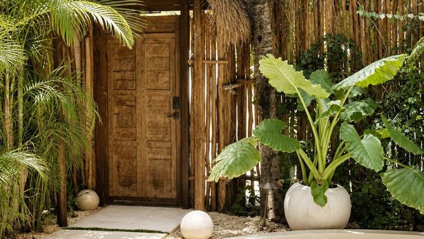 A pool area with a thatched-roof structure, palm trees, and a large plant. - Ikal Bungalows: HA is a poolside bungalow with AC in a jungle setting of Tulum. (Tulum)