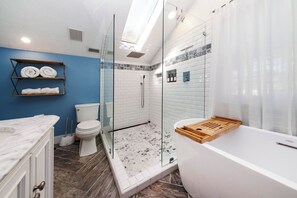 Eco-friendly toiletries, hair dryer, towels, soap