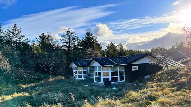 A modern house with large windows and a sloped roof, surrounded by tall grass and trees.