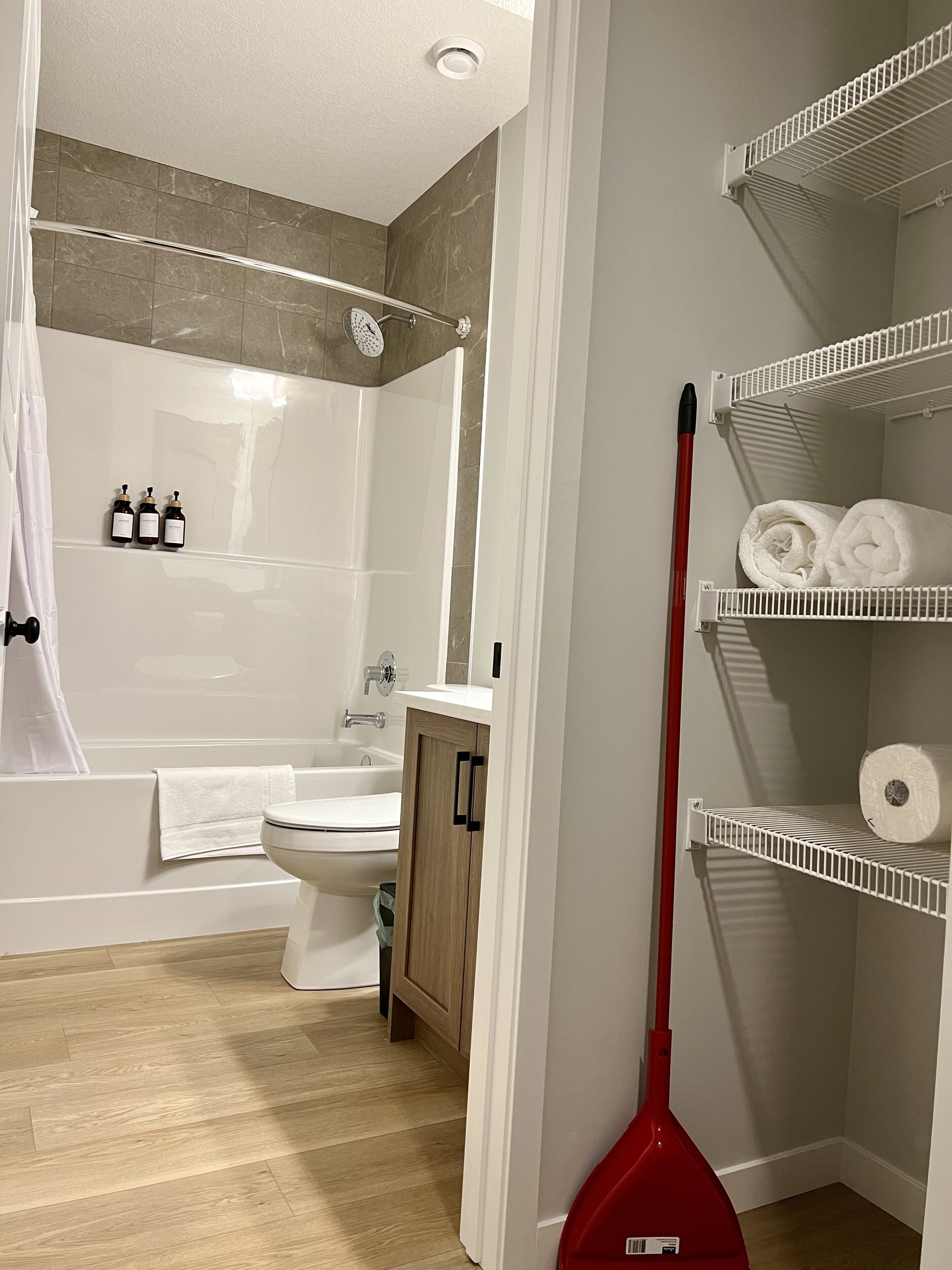 Hair dryer, towels, soap, toilet paper