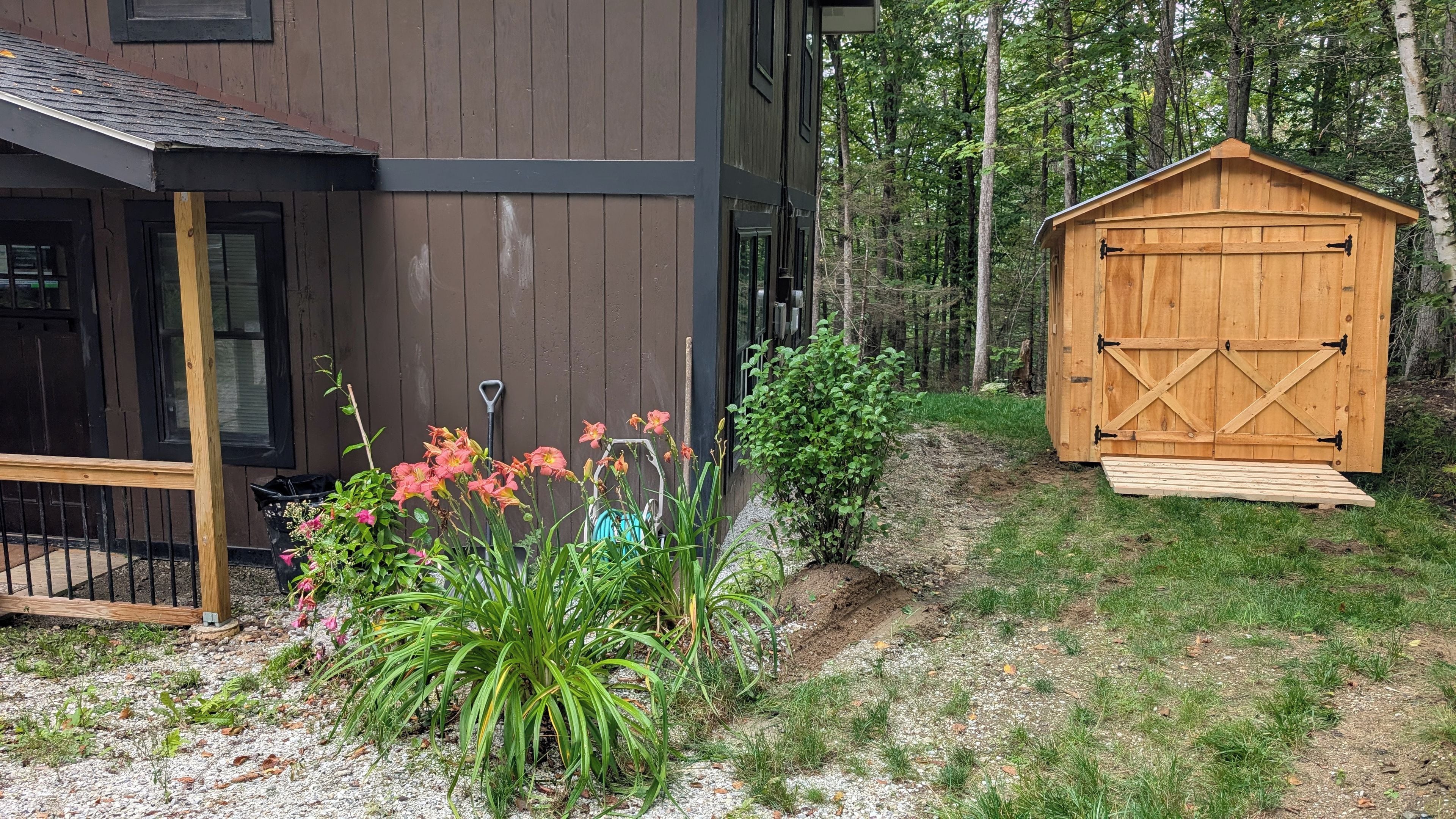A wooden shed with a cross-braced door in a garden with a house in the background.