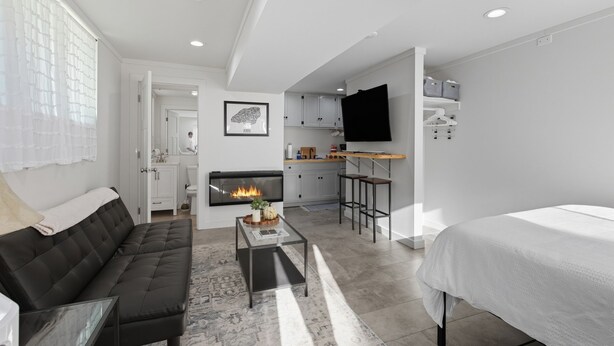 A modern, compact living space with a sofa, a coffee table, a bed, a fireplace, a kitchen area, and a TV.