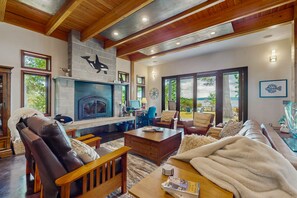 TV, fireplace, books