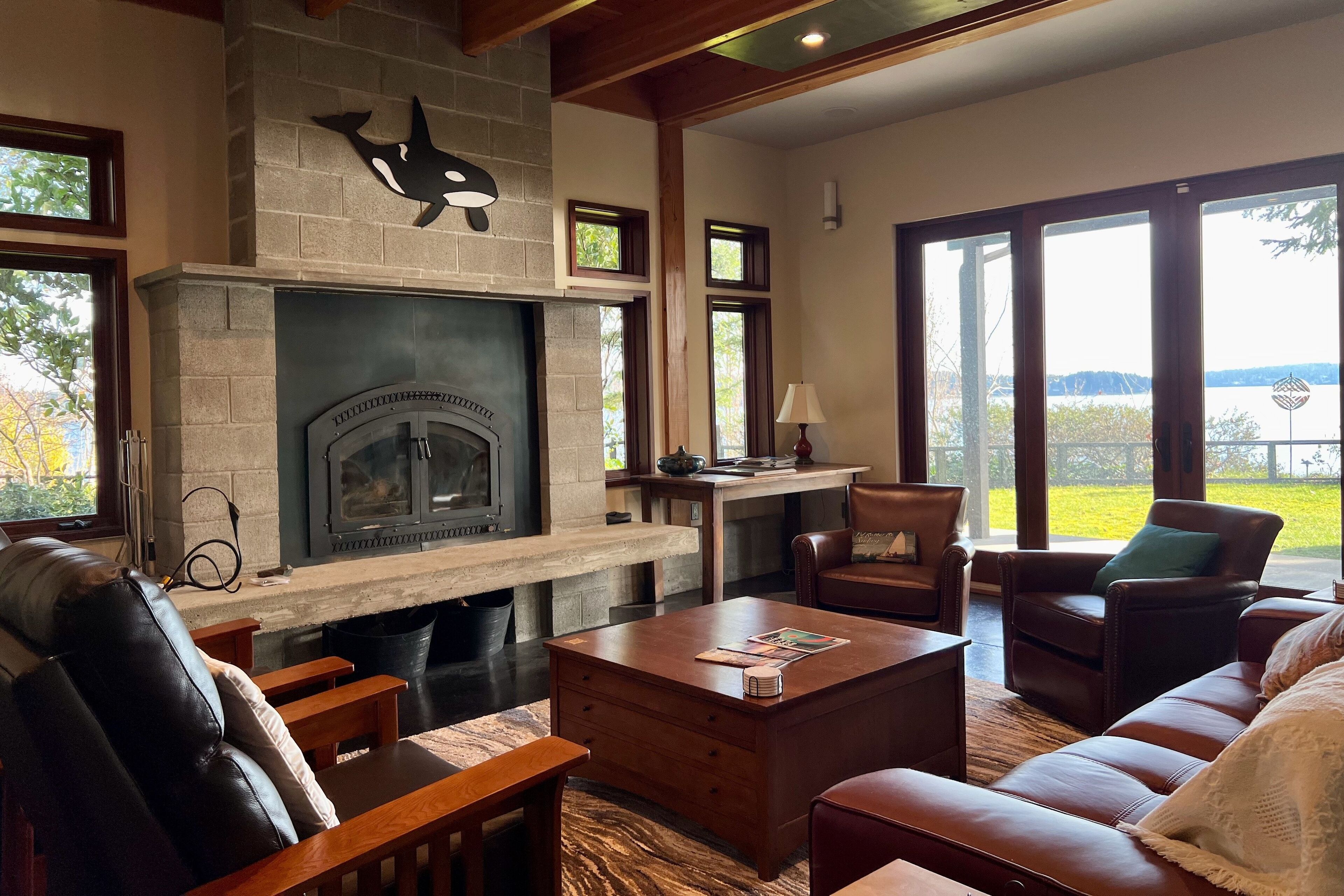 Tv, eldstad och böcker