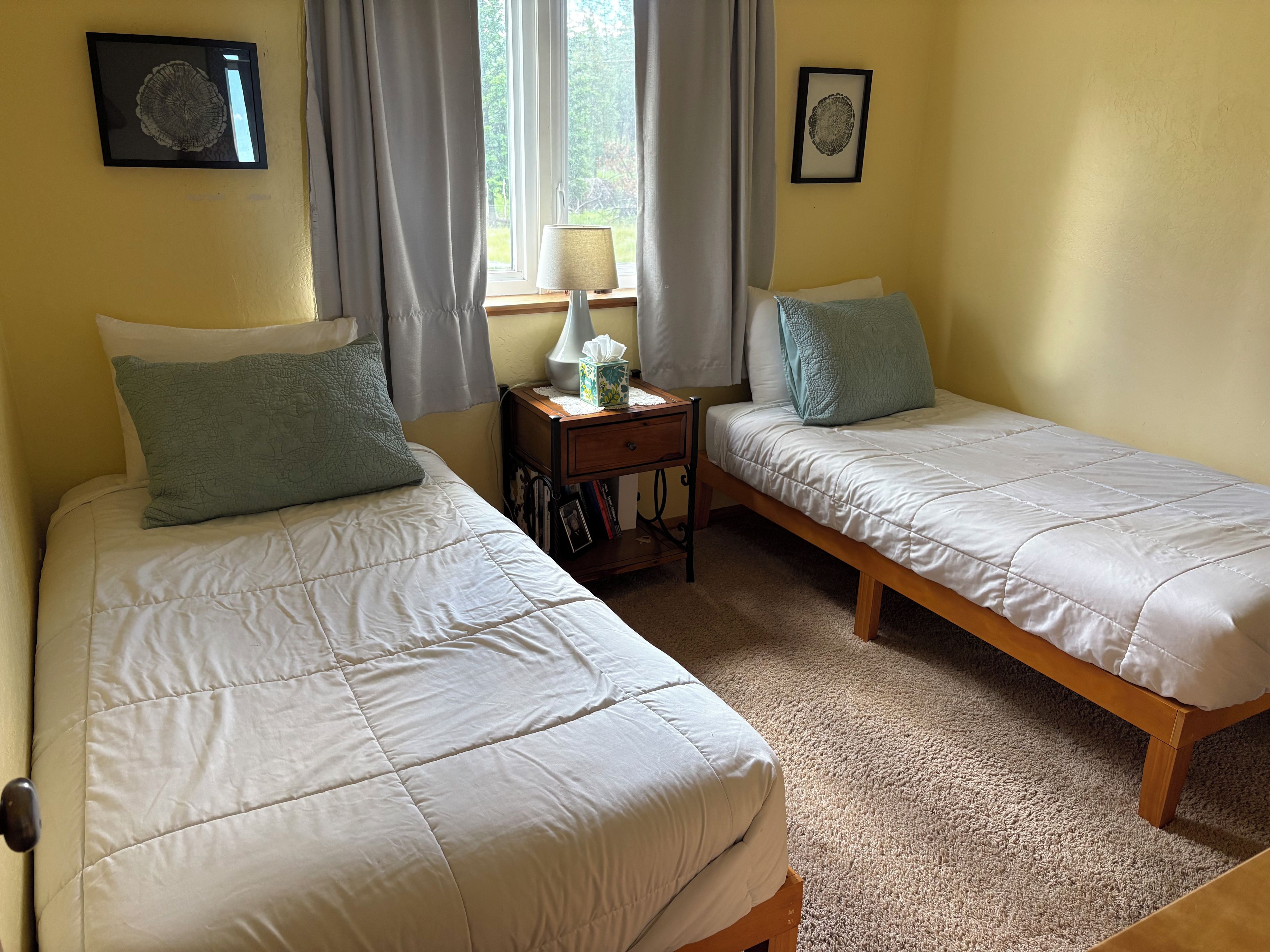 A room with two single beds, a bedside table with a lamp, and a window with curtains.
