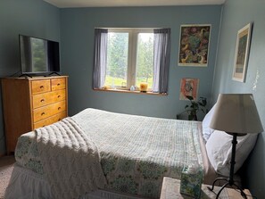 A bedroom with a bed, dresser, television, window with curtains, and wall art. - Charming 3-bedroom house in Seeley Lake for a relaxing stay (Seeley Lake)