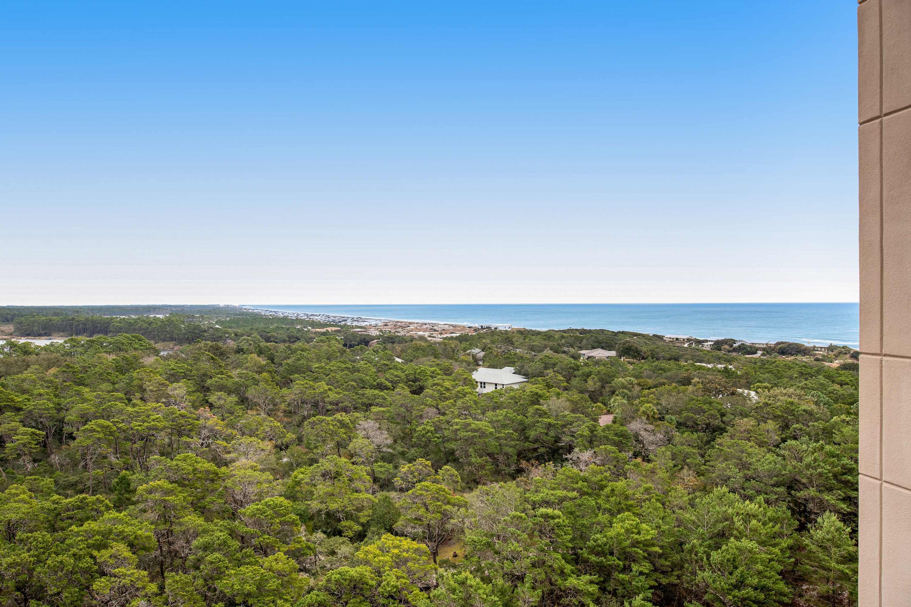A coastal landscape with dense green forest, a white building, and a clear blue sky.
