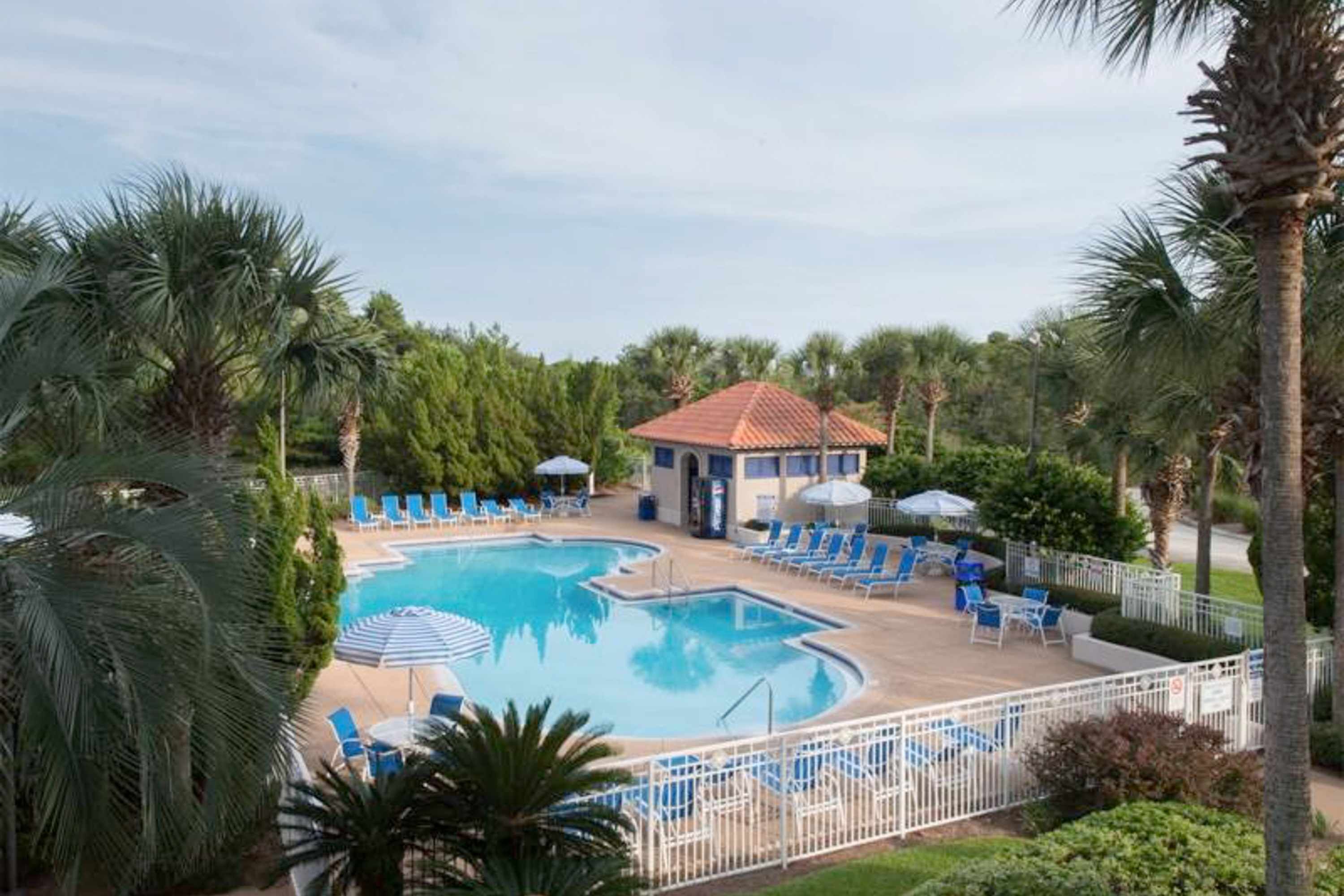 A swimming pool with lounge chairs, a gazebo, and palm trees.