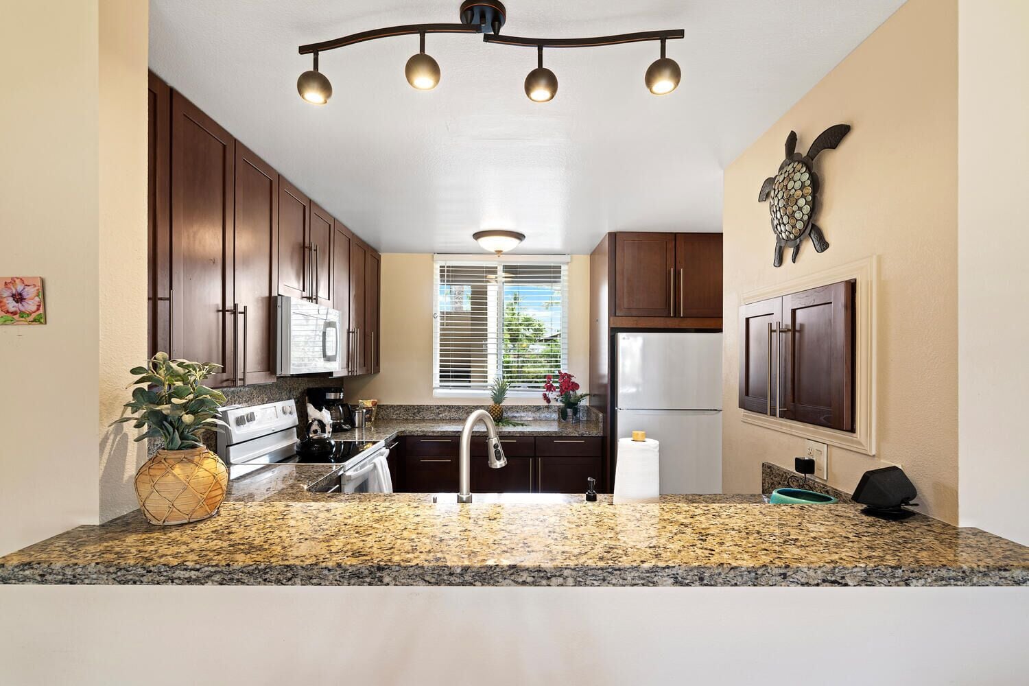A kitchen with granite countertops, stainless steel appliances, wooden cabinets, and a decorative turtle wall art piece.