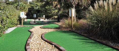 Un parcours de minigolf doté d’une pelouse artificielle verte, d’un chemin de gravier et d’une végétation environnante.