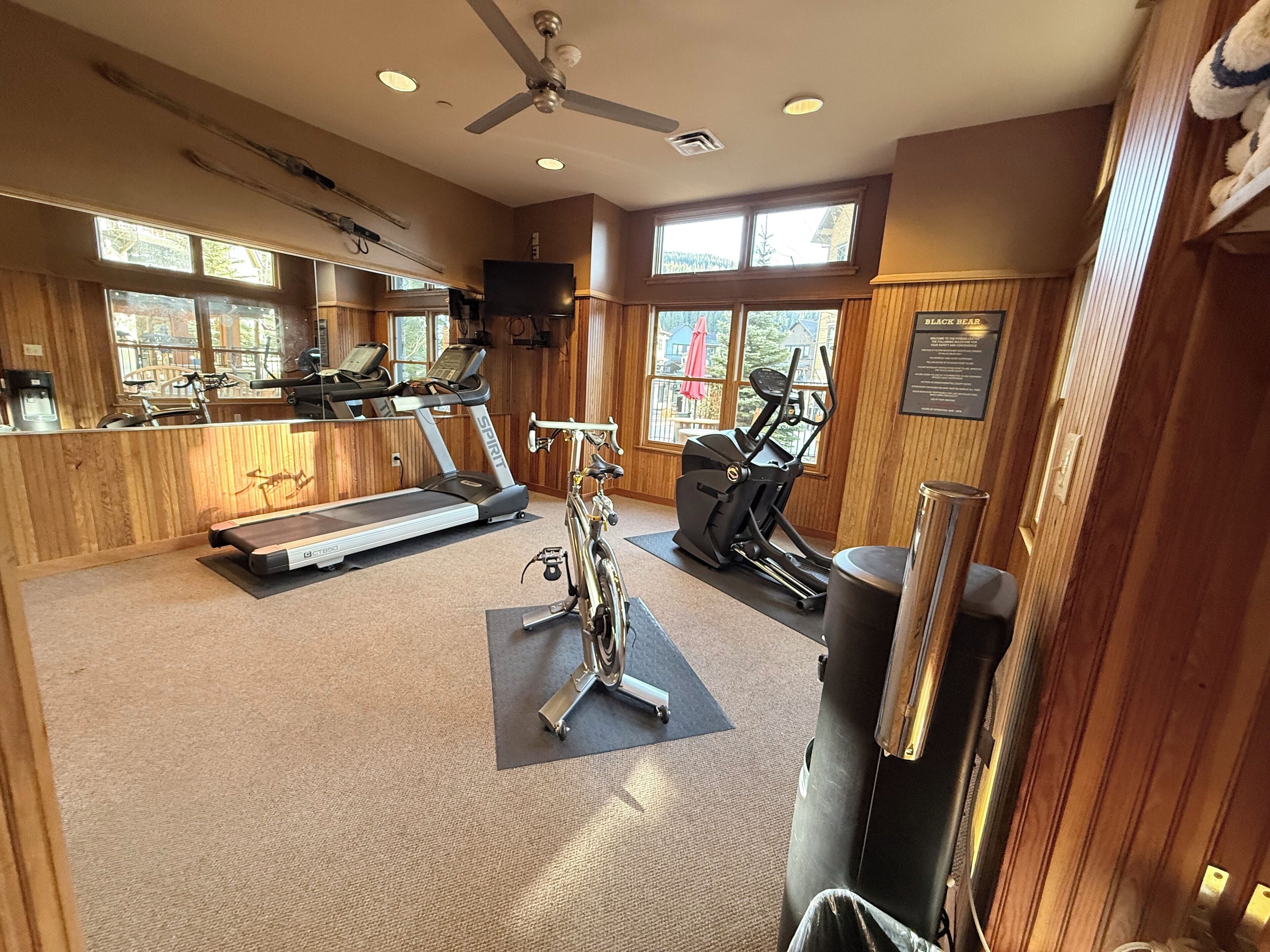 Une salle de sport équipée de tapis de course, de vélos d’appartement et d’un ventilateur de plafond.
