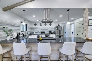 Fridge, microwave, oven, stovetop - Family Favorite Poconos 5BR Retreat w/ Hot Tub + Game Arcade + Kid's Playroom (Tobyhanna)