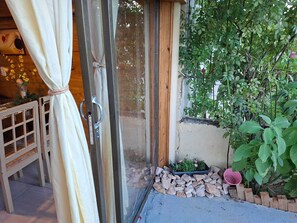 Una puerta de madera con un panel de vidrio, un pequeño jardín con plantas y una maceta rosa, y una cortina blanca parcialmente abierta.