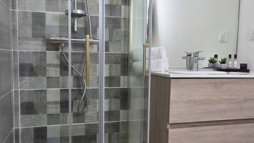 Ducha, secador de pelo y toallas