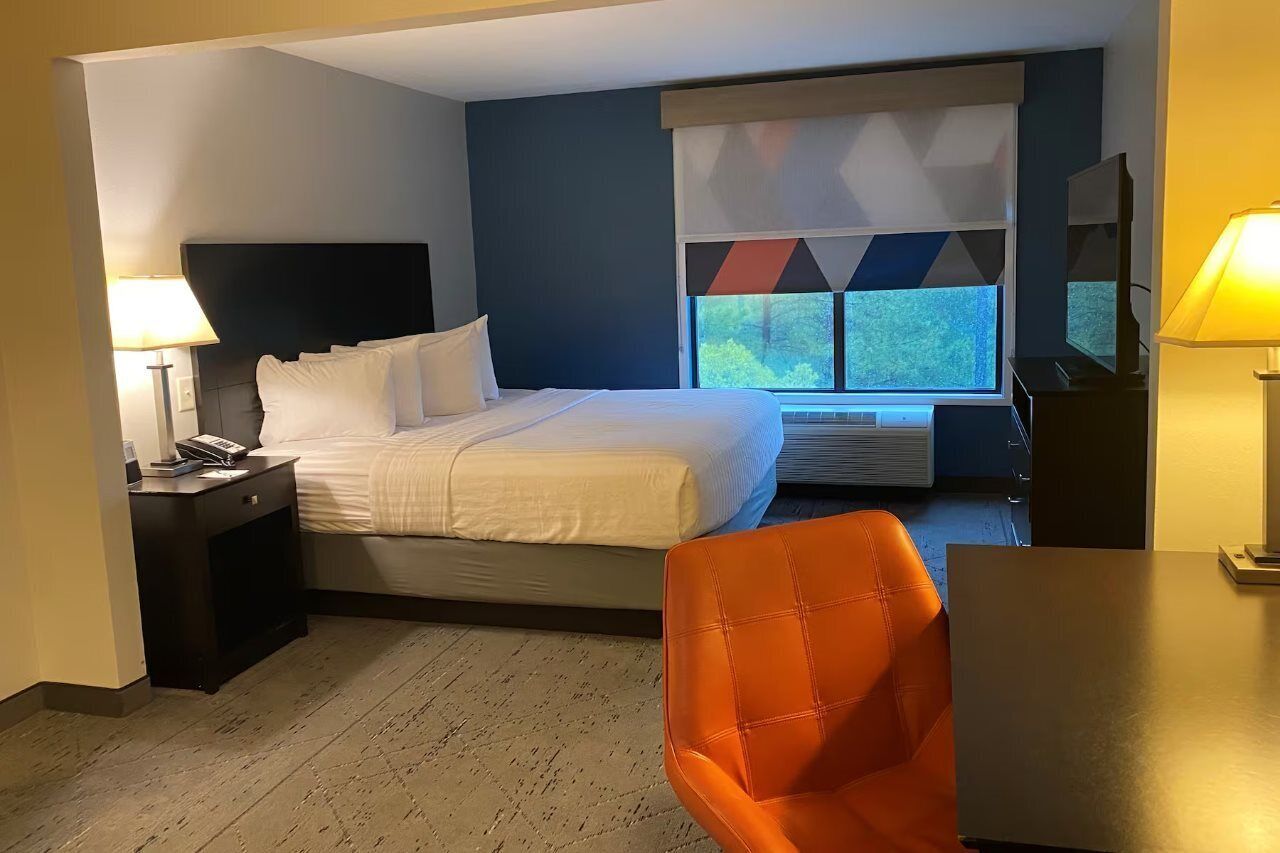 A hotel room with a bed, a desk, a chair, a TV, and a window with a view of greenery.