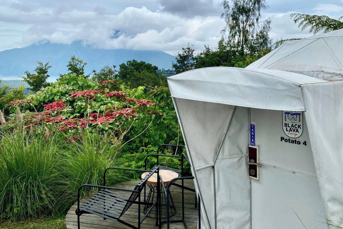 Una carpa blanca con un letrero que dice "Black Lava Potatoes 4".