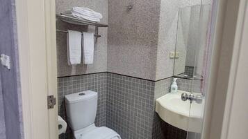 Habitación con 2 camas individuales | Baño | Ducha, secador de pelo, zapatillas y toallas