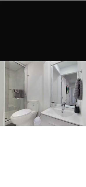 Shower, hair dryer, towels, soap - A small studio with a large backyard patio. (Delta)