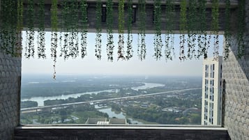 A room with a large window overlooking a cityscape, featuring a view of a river and bridges.