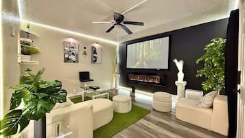 Smart TV, fireplace, video games, stereo