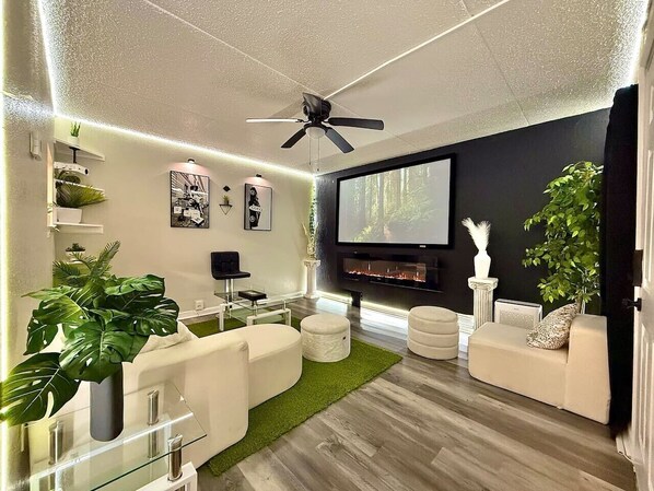 Smart TV, fireplace, video games, stereo