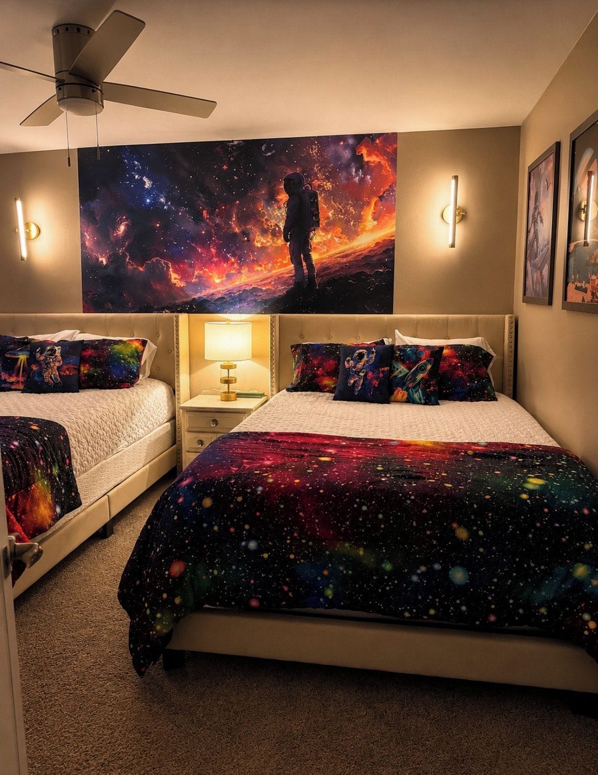 Ein Schlafzimmer mit zwei Betten, einem Deckenventilator, Wandleuchten und einer großen Wandteppich mit Weltraummotiv.
