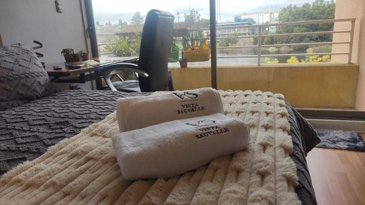 A bed with two towels labeled "Vista Sauvage" and a view of a balcony with a railing and some potted plants.