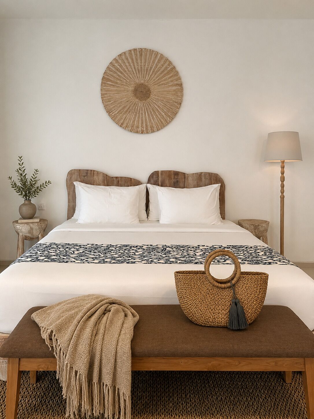 A bedroom with a bed, a round wall decoration, a bedside lamp, a bedside plant, and a woven basket.