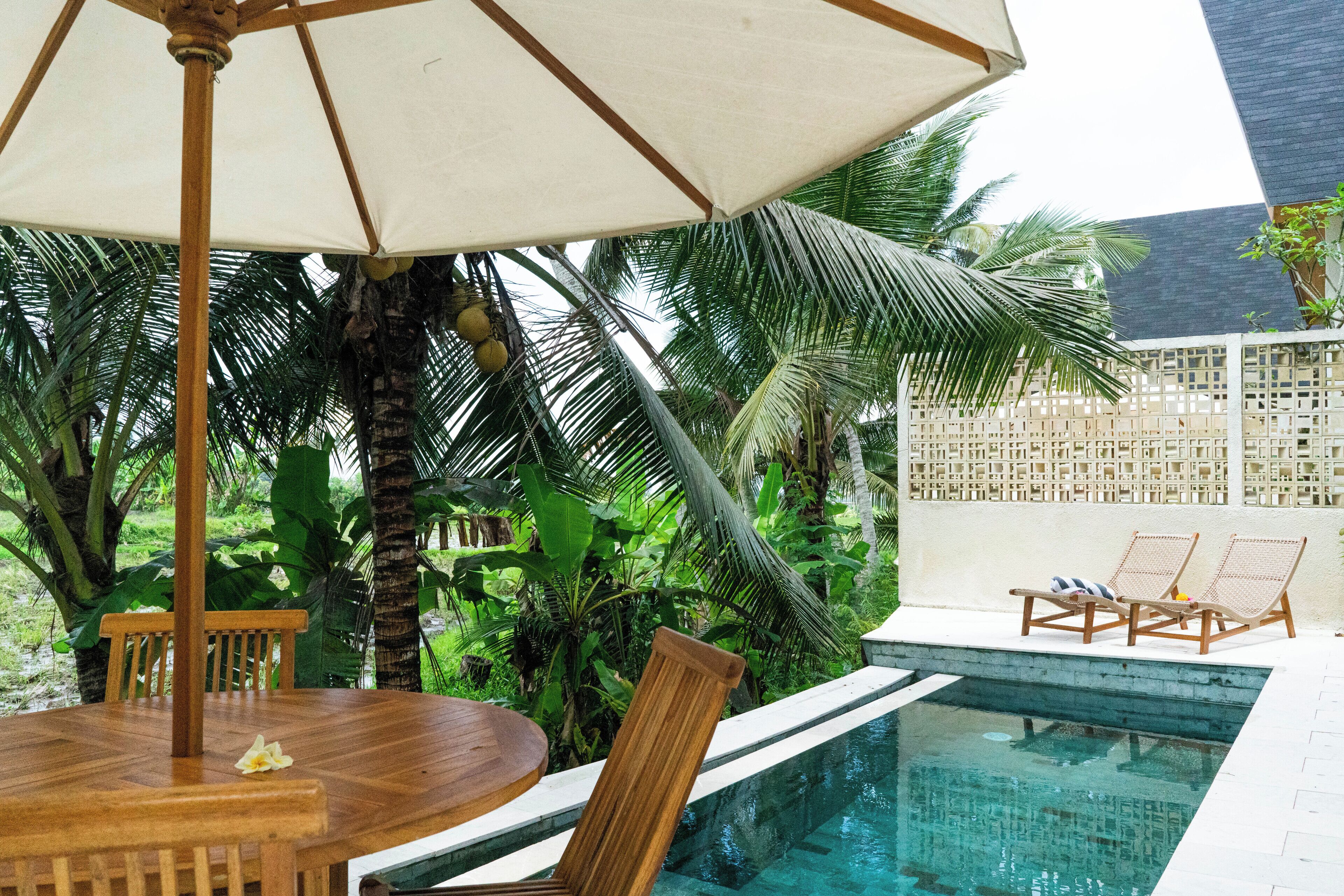 Un espace aménagé au bord de la piscine, avec une table en bois, des chaises et un parasol.