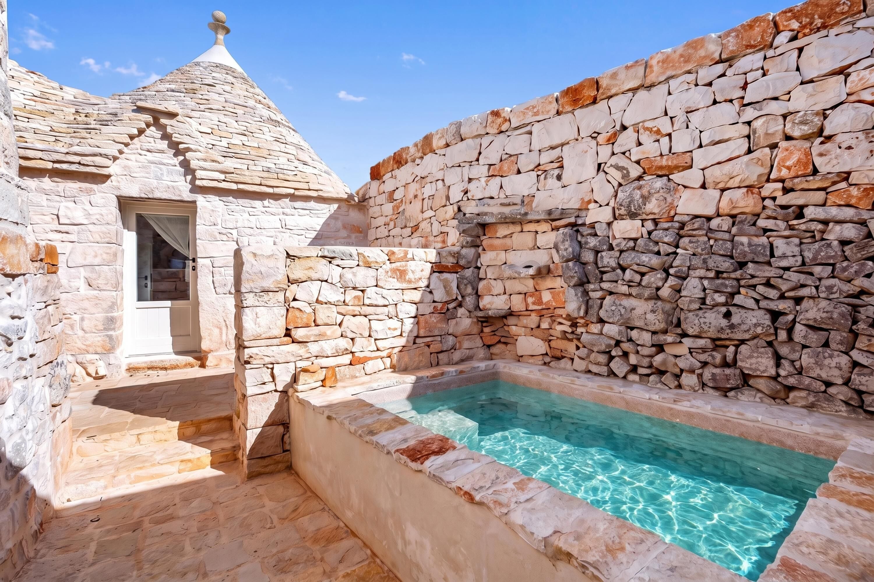 A stone building with a pool, a door, and a small staircase.