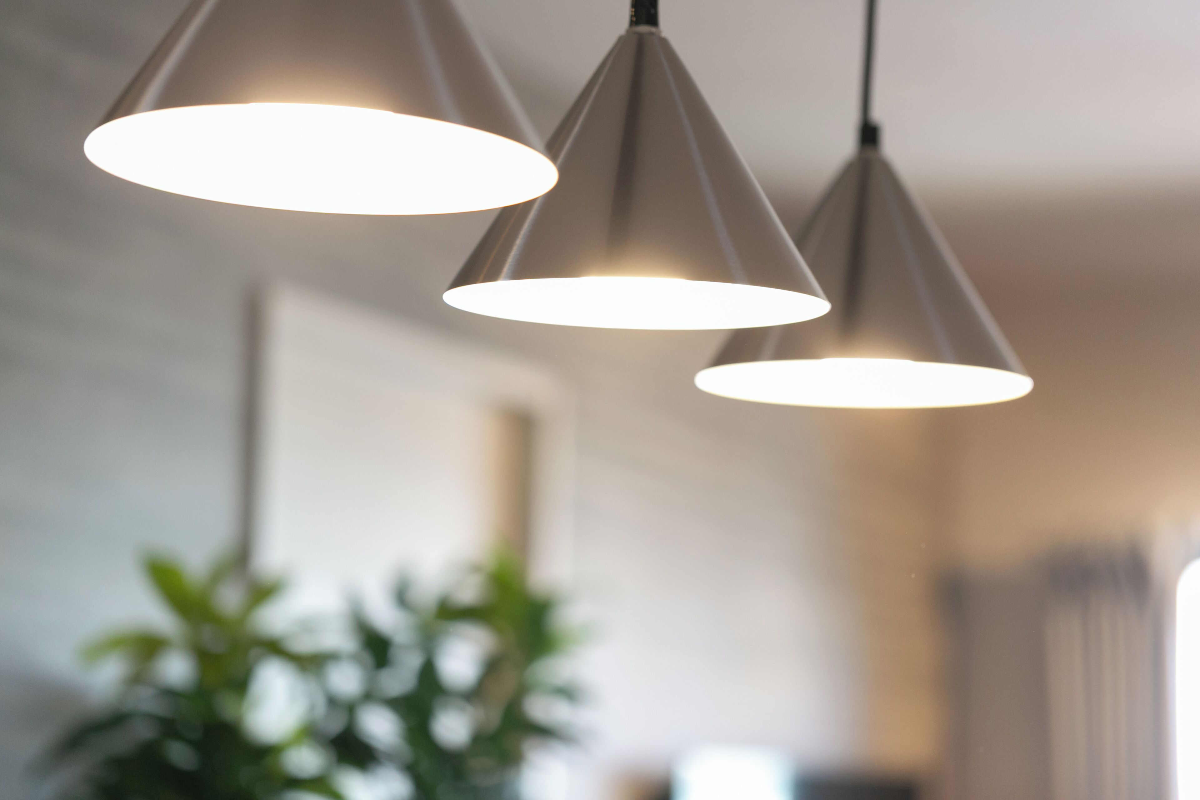 A modern kitchen with pendant lighting and a potted plant.
