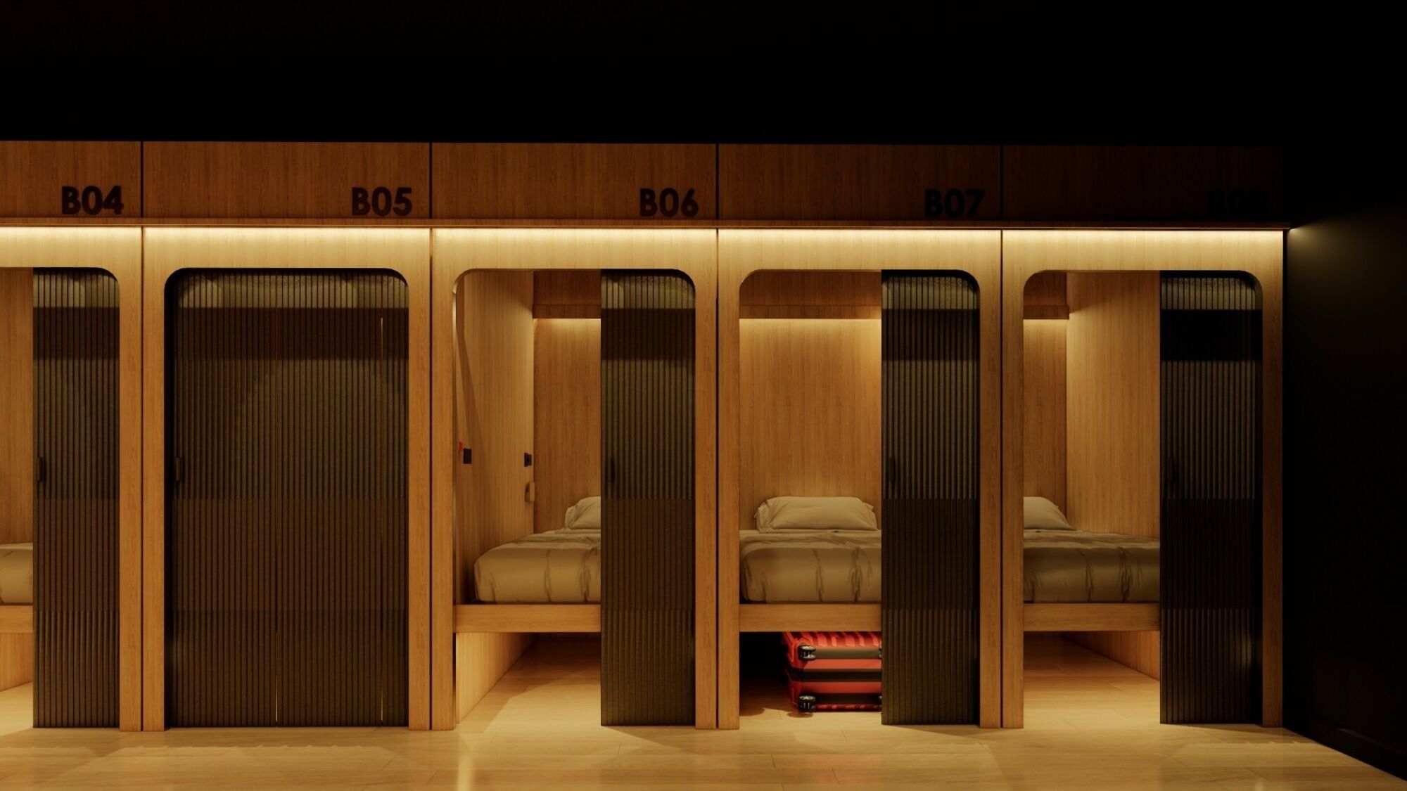 A row of wooden locker rooms with individual compartments labeled B04, B05, B06, and B07.