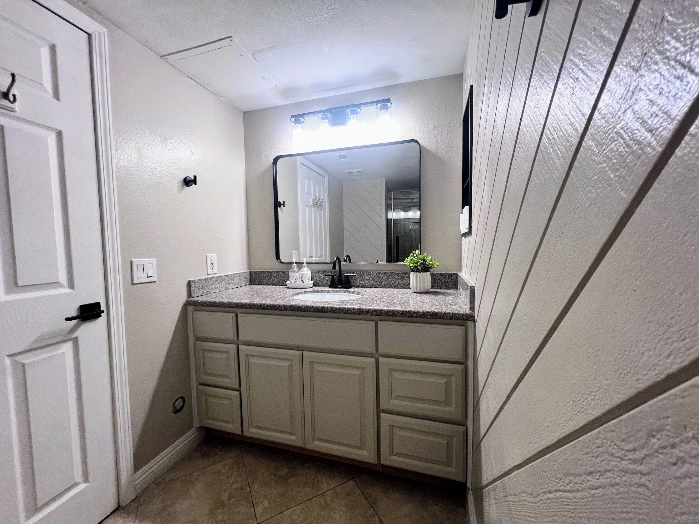 A bathroom with a white vanity, a mirror, a sink, and a potted plant.