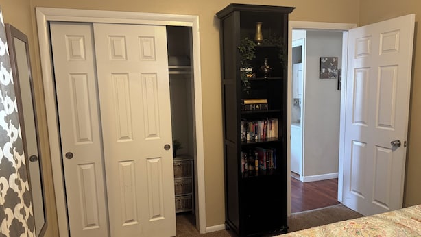 A bedroom with a bed, a wardrobe, a bookshelf, and a door leading to another room.