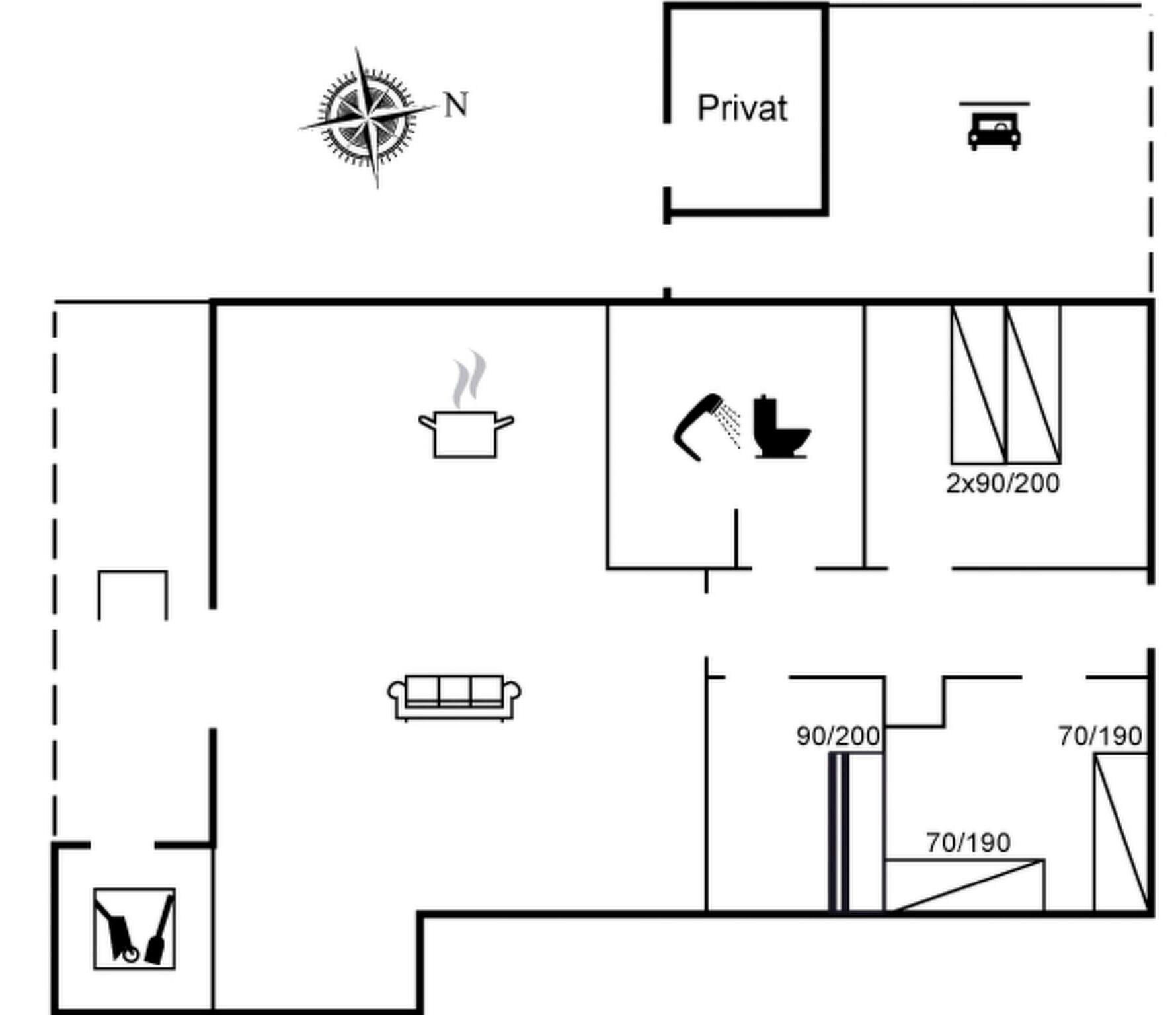 A floor plan with a private area, a kitchenette, a bathroom, and a seating area.