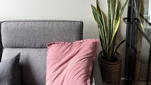 Et indrammet billede af London på en væg, en grå sofa med en pink pude, og en stor plante i en fletkurv.