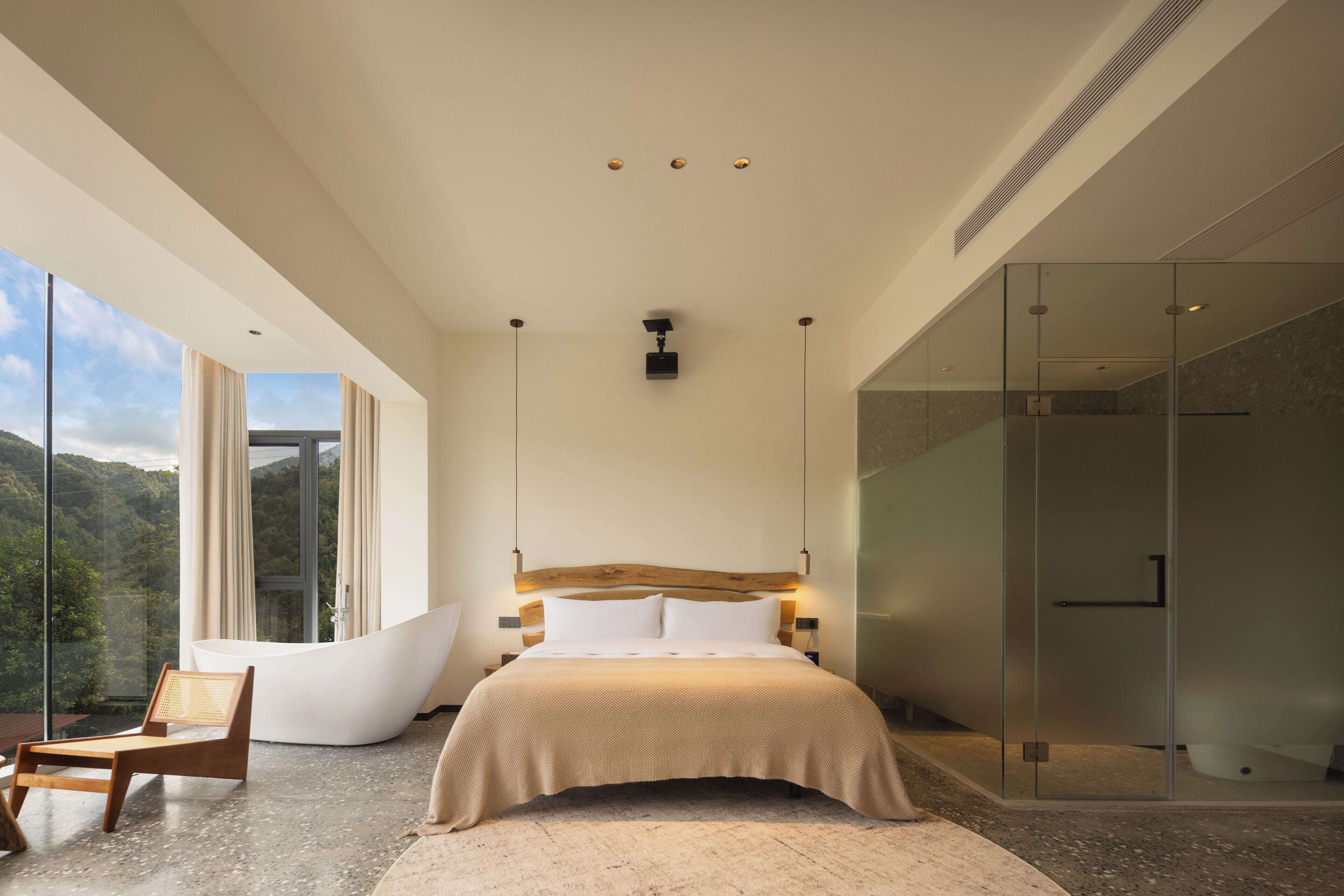 A modern bedroom with a large bed, a glass shower, and a view of the outdoors.