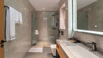 Shower, rainfall showerhead, free toiletries, hair dryer