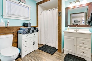 Une salle de bain avec des toilettes, un lavabo et un rideau de douche.