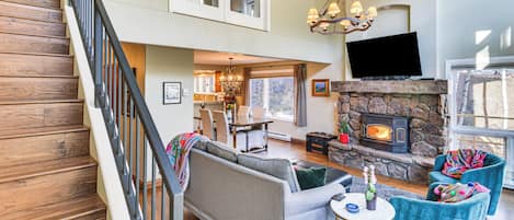 TV, fireplace, books