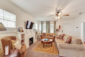 Televisión, chimenea y libros 