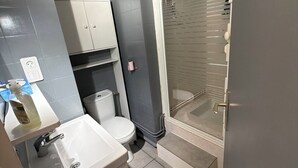 Une salle de bain avec des toilettes, un lavabo et une douche.