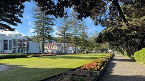 A well-maintained garden with a paved walkway, surrounded by buildings and trees. - Chic 2 Bedroom Apartment in Art Deco Napier (Napier)