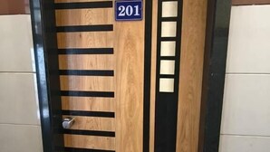 Una puerta con una placa de identificación '201', una cerradura y un panel vertical con cortes rectangulares.