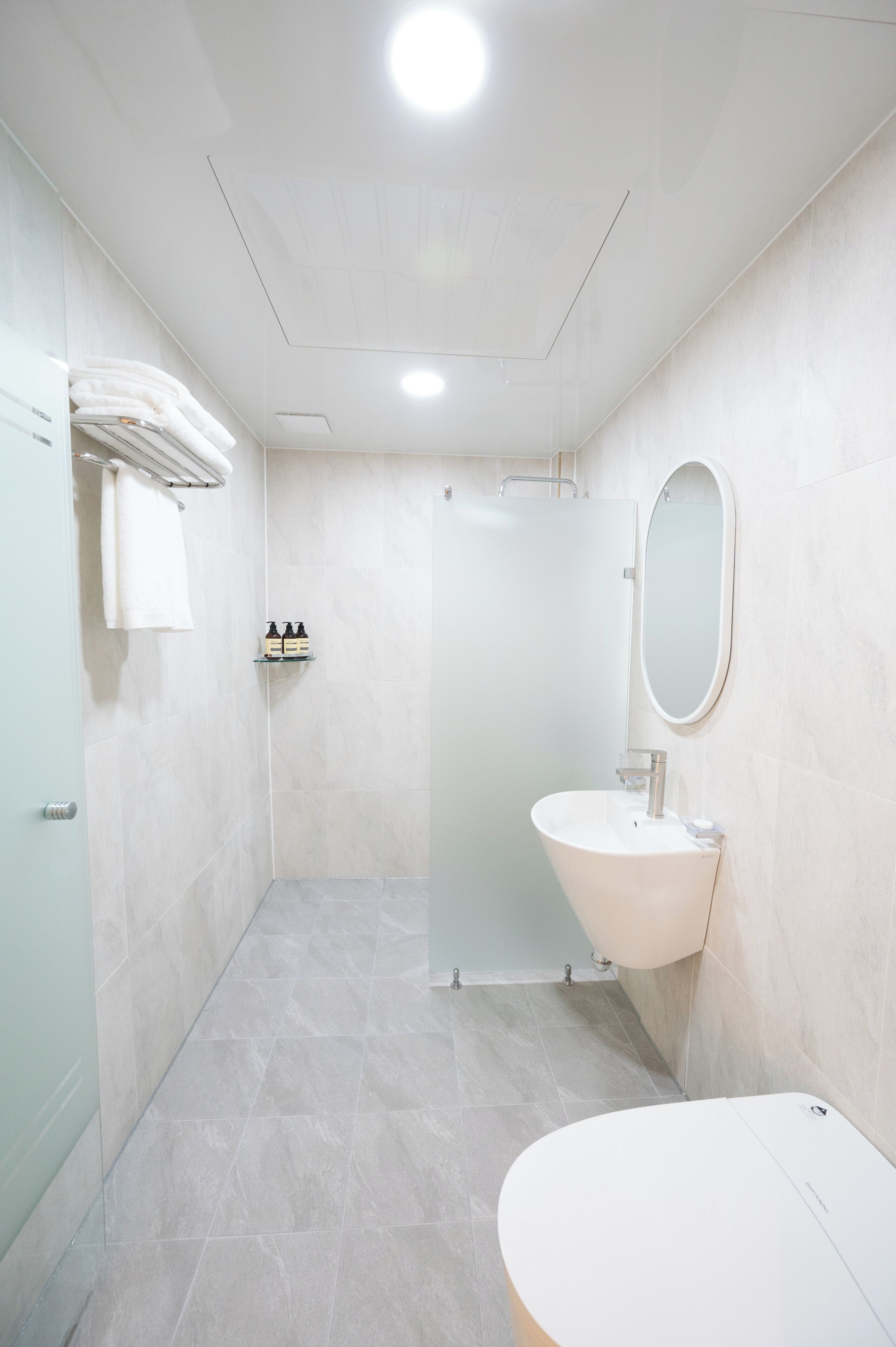 Ein modernes Badezimmer mit Dusche, Waschbecken und Spiegel.