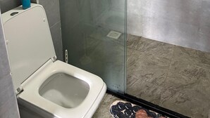 Een moderne badkamer met een douchecabine, een toilet en een klein plankje met toiletartikelen.