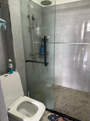 Ein modernes Badezimmer mit einer gläsernen Duschkabine, einer Toilette und einem kleinen Ablagefach mit Toilettenartikeln.