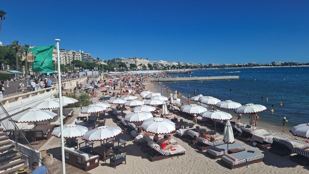 A beach with numerous sunbeds and umbrellas, a promenade with people, and a clear blue sky. - Cannes Californie: elegant flat with sea view, parking and beach nearby. (Cannes)